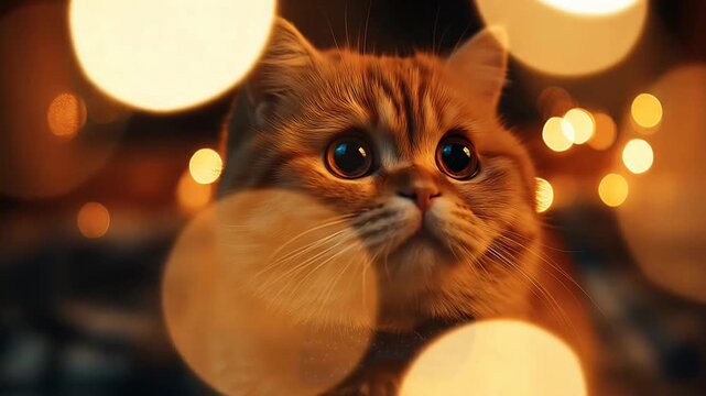 Adorable ginger cat with big eyes wearing bow tie in warm cozy lighting indoor.