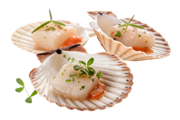Three fresh raw scallops in shells, levitating on a white background.