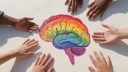 Hands of diverse people surrounding rainbow brain model outdoors concept of neurodiversity inclusion support mental health and cognitive unity