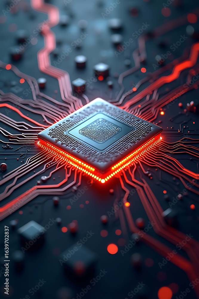 Aufkleber close-up of a glowing central processing unit (cpu) with intricate circuit board patterns and red li