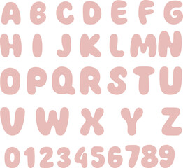 Bubble Font Alphabet and Numbers – Playful Hand-Drawn Style. Cute rounded bubble letters A–Z and digits 0–9 in pastel pink, perfect for kids designs, crafts, and educational materials