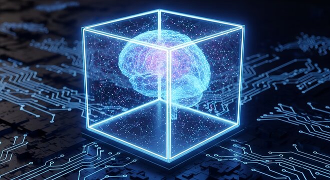 Futuristic glowing cube containing a digital brain on a circuit board background representing artificial intelligence - Powered by Adobe