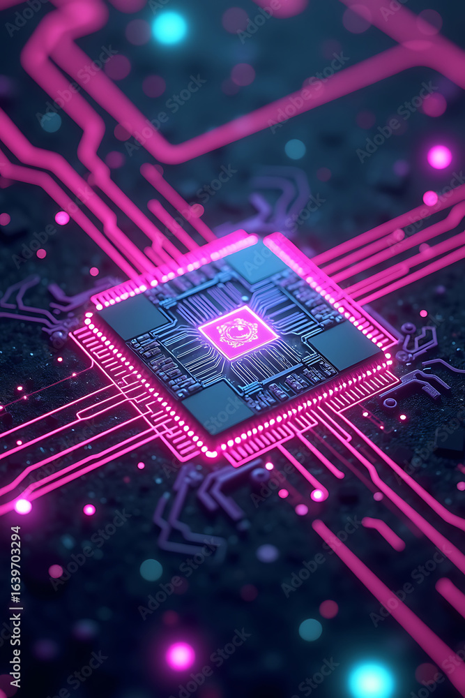 Poster close-up of a glowing computer chip with pink and blue circuit board lines, suggesting advanced tech