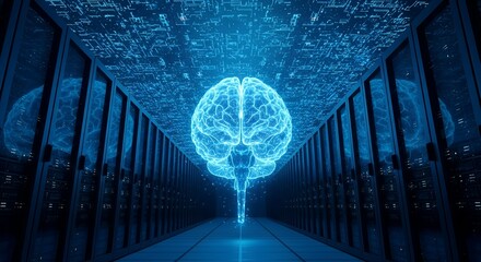 Glowing blue digital brain hologram illuminated in a futuristic server room corridor with data streams