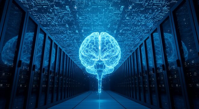 Glowing blue digital brain hologram illuminated in a futuristic server room corridor with data streams