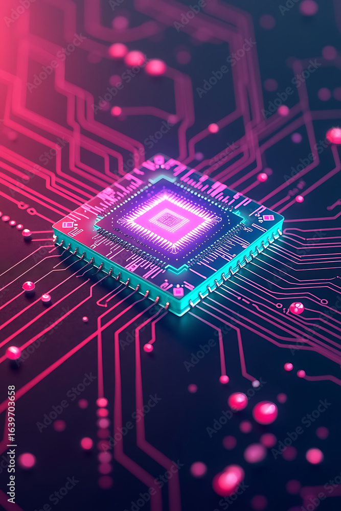Aufkleber close-up view of a glowing computer chip on a complex circuit board.