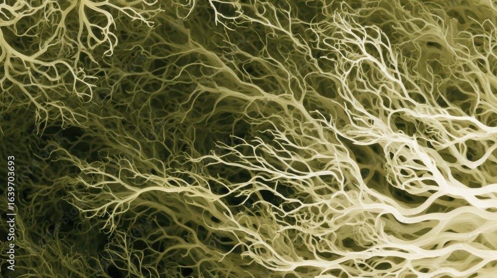 Poster abstract representation of intricate organic structures resembling roots in a dark background