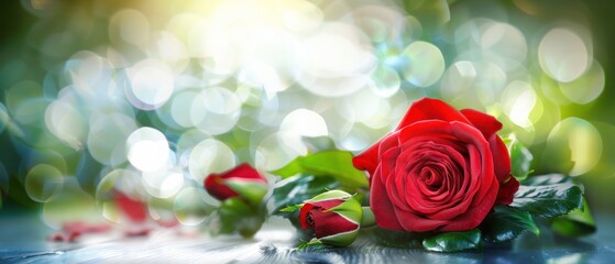 Red Rose green lush bokeh light background and copy space.