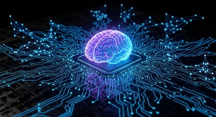 Glowing futuristic artificial intelligence brain integrated with complex circuitry and digital connections