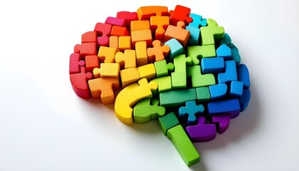 Rainbow colored puzzle piece brain sculpture on white background concept of neurodiversity problem solving and mental health inclusion