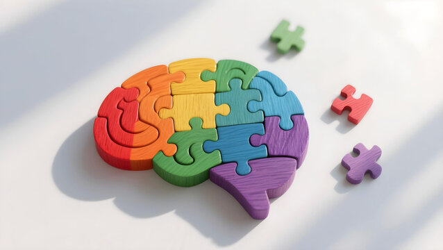 Flat lay rainbow puzzle brain with missing pieces on white background concept of neurodiversity inclusion and cognitive development