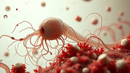 Microscopic view of decapitated sperm with parasite tendrils