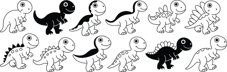 Cartoon dinosaur collection, twelve cute prehistoric characters, kids illustration, smiling faces, spikes, outlines, black and white vector design