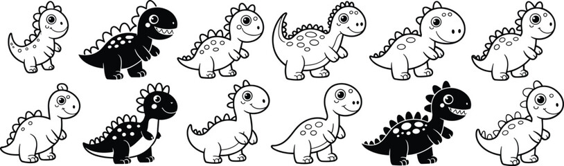 Cartoon dinosaur collection, twelve playful prehistoric characters, black and white vector illustration, spikes, smiling faces, kids design, fun drawing