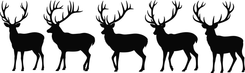Deer silhouette collection, five antlered profiles, wildlife animal study, forest creature, nature design, vector illustration, side view poses