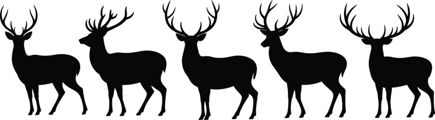 Deer silhouette collection with antlers, five side profile poses, wildlife animal study, forest creature, vector illustration, nature design
