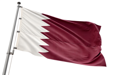 Flag of Qatar waving on a flagpole, isolated on a white background.