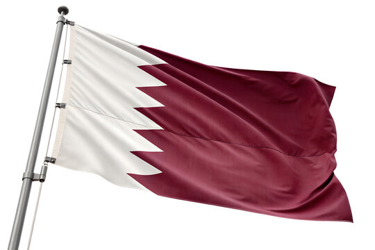Flag of Qatar waving on a flagpole, isolated on a white background.