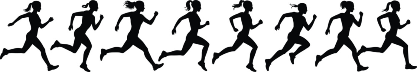 Running motion silhouette sequence, eight dynamic poses, athlete movement, sports biomechanics, jogging phases, human motion study, vector illustration