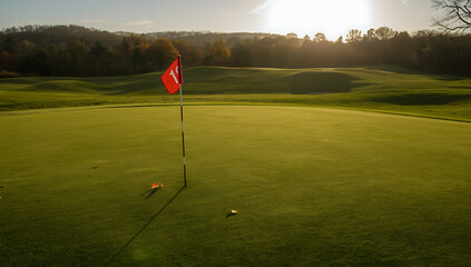Obraz premium Scenic Golf Course at Sunset with Red Flag and Vibrant Green Fairway, Autumn Leaves Scattered Around
