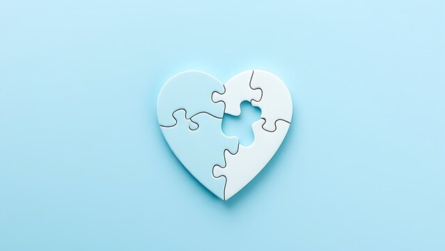 Heart-shaped puzzle on a light blue background, symbolizing autism awareness with soft overhead light.