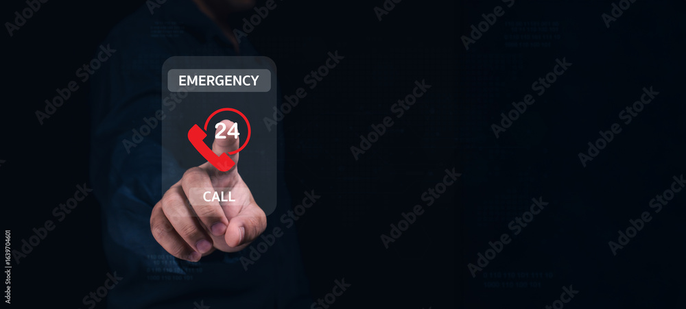Poster a finger taps a virtual emergency call button on a dark background.
