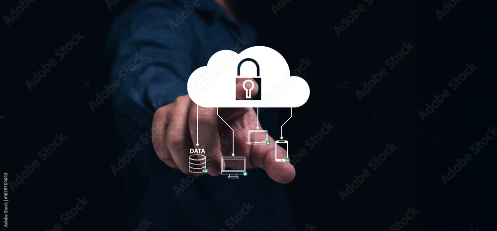 Poster a person points to a digital cloud icon with a lock, symbolizing secure cloud data storage and prote