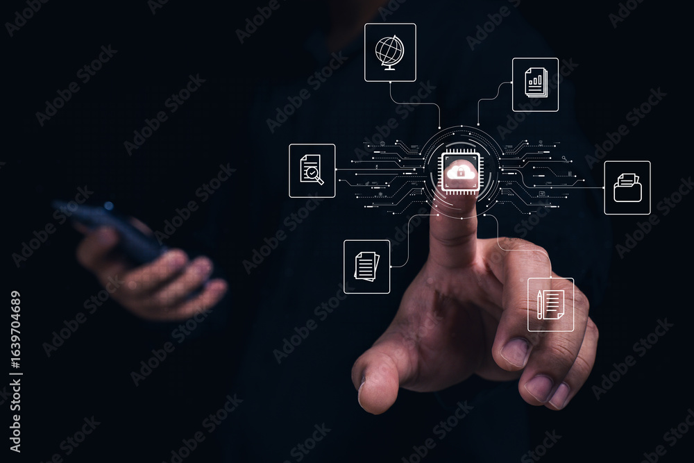 Poster a person interacts with a digital interface, highlighting data and technology icons.