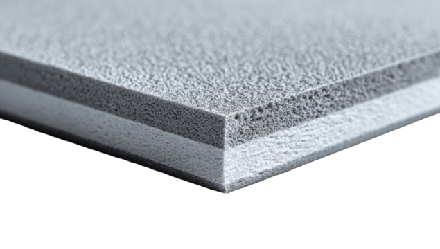Close-up view of a composite material, showing a layered structure with a light gray top layer and a light gray/white bottom layer. The layers are textured and meet at a sharp corner
