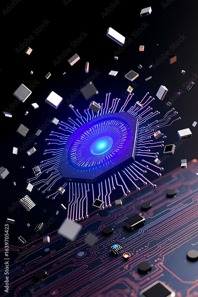 Aufkleber a computer circuit board with components exploding outward in a digital illustration.
