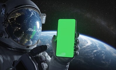 Astronaut in space holding a smartphone with a green screen for mockup - Powered by Adobe