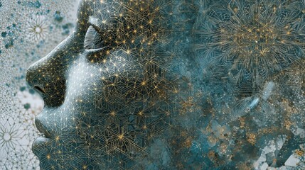An artistic close-up of a serene face surrounded by intricate patterns and textures.