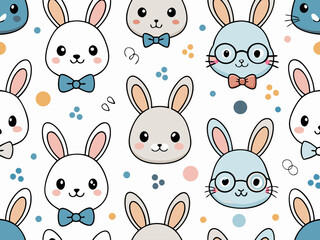 Cute kawaii bunny faces pattern with bows and dots