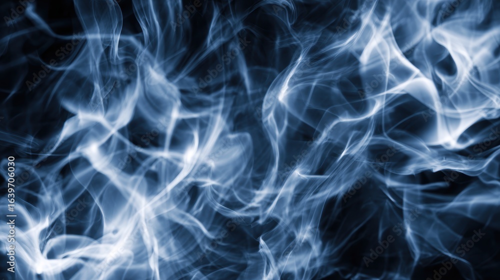 Poster abstract swirling blue smoke patterns creating a mystical atmosphere with a dark background