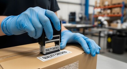 Gloved hand of a logistics worker applying a quality assurance stamp to a shipment box