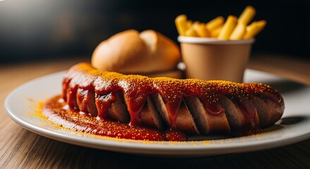 Sliced sausage with tomato sauce and curry powder served with french fries and bread currywurst bratwurst