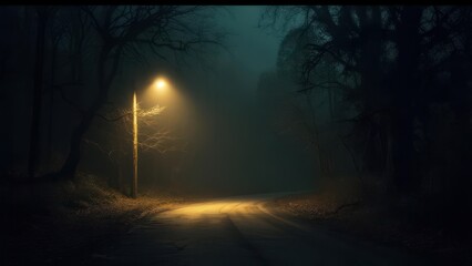 Eerie Foggy Forest Road Illuminated by a Single Golden Streetlight