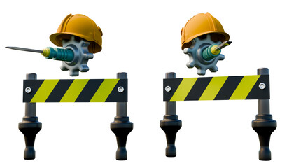 3D rendering of a construction safety barrier with yellow-black caution stripes, topped with a gear wearing a yellow hard hat and a screwdriver. Transparent background, perfect for Labor Day