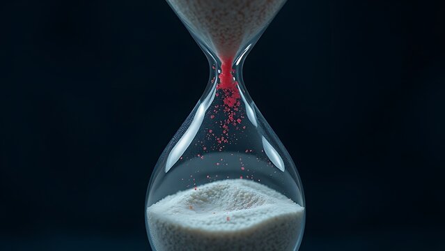 Translucent hourglass with memories as sand, some grains glowing red to signify cognitive health concerns.