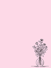 The image depicts a minimalist black line drawing of a flower bouquet in a vase, set against a...