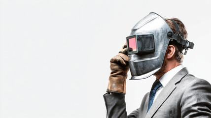 business man welder adjusting mask before torch work,metaphor protect connect