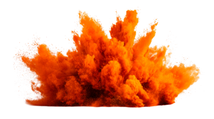 Vibrant orange powder explosion frozen in motion on a transparent background