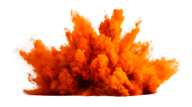 Vibrant orange powder explosion frozen in motion on a transparent background