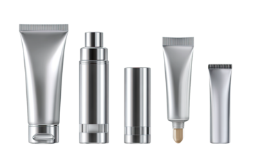 Five silver cosmetic containers.  Various sizes and styles, including tubes and a pump bottle.  Realistic, matte finish