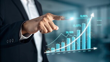 Influencer Marketing Strategy Concept A business professional interacts with a digital graph showing upward trends and data analytics.