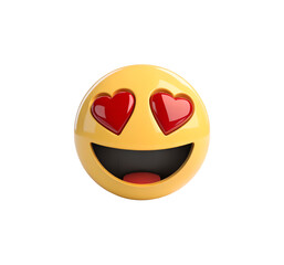 Close-Up 3D Render of Classic Yellow Smiley Face Emoji with Glossy Red Heart Eyes and Wide Happy Grin
