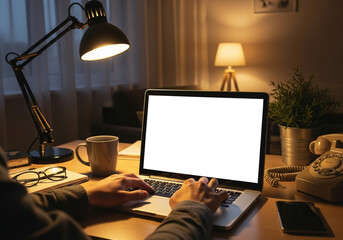 Working on laptop at night with blank screen for mockup, illuminated by desk lamp in a cozy workspace for business and study
