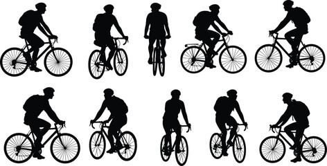 Cyclist silhouettes bundle, bike riding people, outdoor cycling, urban commuters, riding bicycle clipart, backpack riders, road bike vector, cycling illustration, silhouette icons