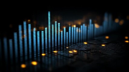 Dynamic abstract digital soundwave visualizer with glowing neon bars on dark background. - Powered by Adobe