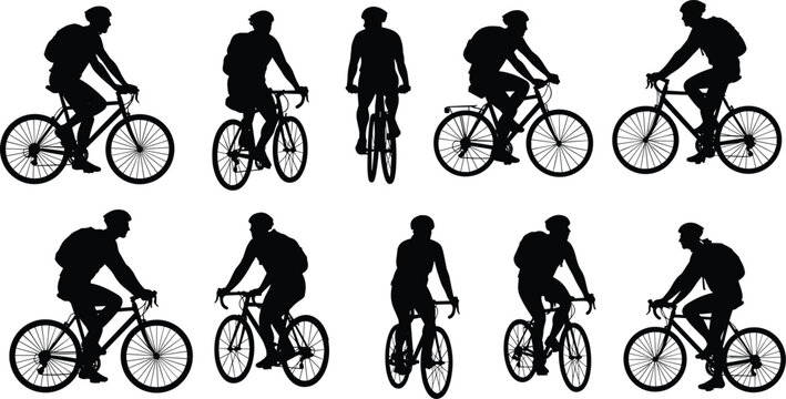 Cyclist silhouettes bundle, bike riding people, outdoor cycling, urban commuters, riding bicycle clipart, backpack riders, road bike vector, cycling illustration, silhouette icons